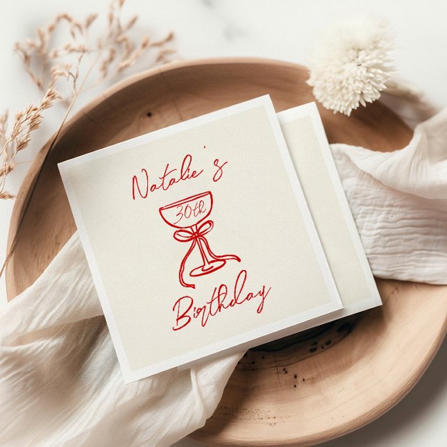 30th Retro Hand Drawn Champagne Bow Glass Birthday Napkin (Creator Uploaded)