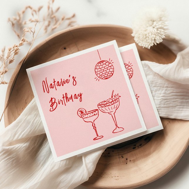 30th Retro Hand Drawn Pink Red Milestone Birthday Napkin (Creator Uploaded)