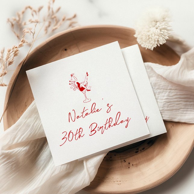 30th Retro White Red Hand Drawn Milestone Birthday Napkin (Creator Uploaded)