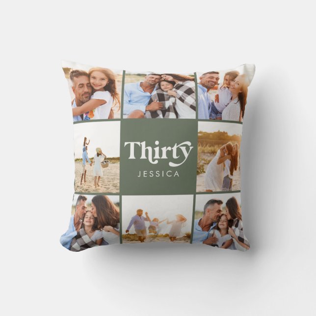 30th sage green multi photo birthday throw pillow (Front)