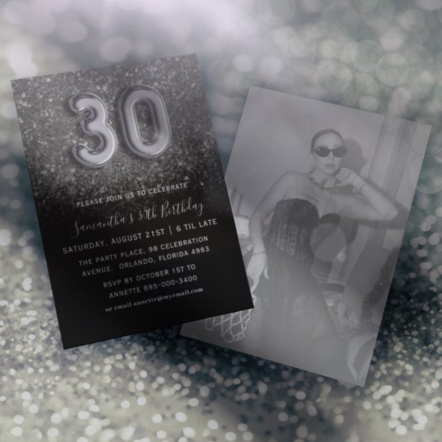 30th Silver & Black Glitter Birthday Party Invitation (Creator Uploaded)