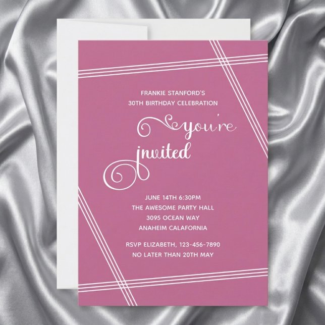 30th Simple Modern Elegant Birthday Party Invites (30th birthday pink invitation. Grey silk background.)