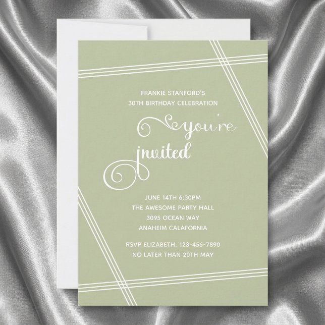 30th Simple Modern Elegant Birthday Party Invites (Sage Green 30th birthday invitation. Grey silk background.)