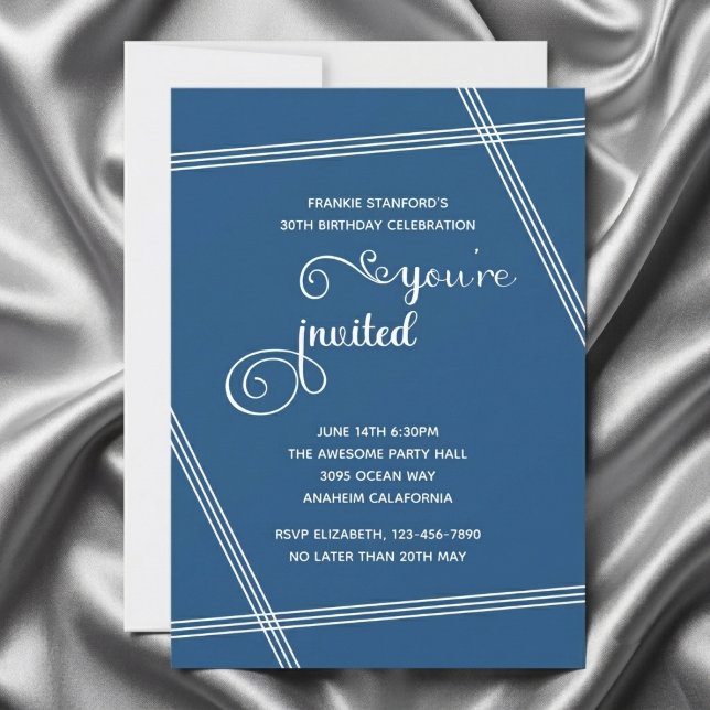 30th Simple Modern Elegant Birthday Party Invites (Blue 30th birthday invitation. Grey silk background.)
