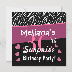 30th Surprise Birthday Black White Pink Zebra B02 Invitation