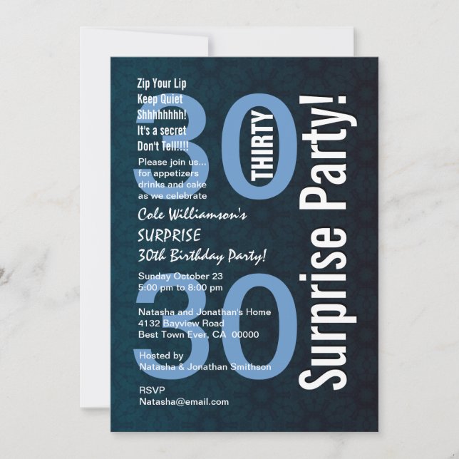 30th Surprise Birthday Blue Geometric Star Flowers Invitation (Front)