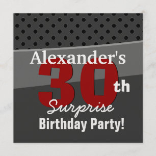 30th Surprise Birthday Charcoal and Red Modern Invitation