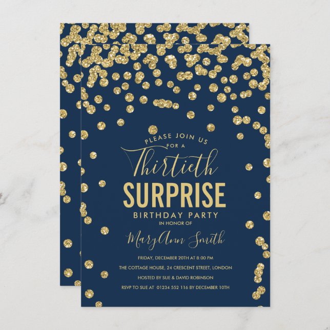 30th Surprise Birthday Gold Navy Blue Invitation (Front/Back)