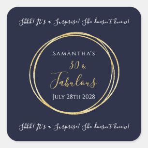 30th Surprise Birthday Party  Navy Gold  Square Sticker