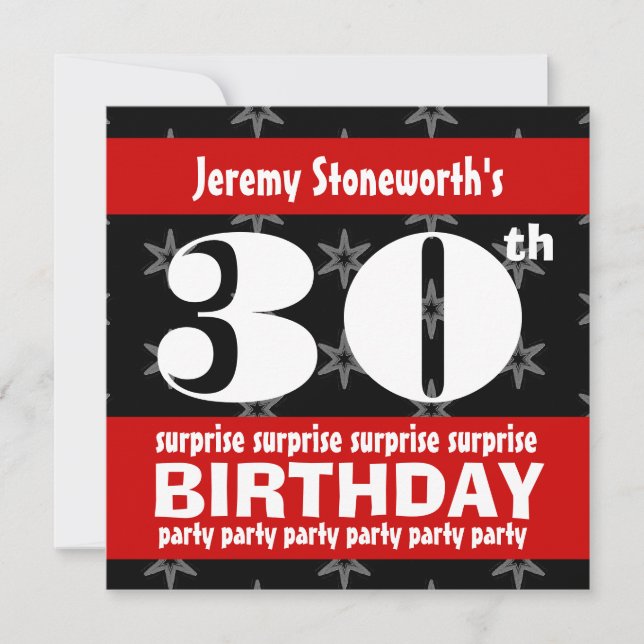 30th SURPRISE  Birthday Silver Stars B420 Invitation (Front)