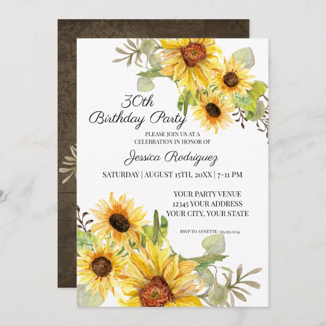 30th Thirtieth Birthday Rustic Sunflower Floral Invitation (Front/Back)
