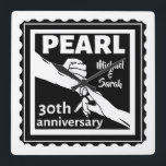 30th wedding anniversary black and white romantic square wall clock<br><div class="desc">If you would like any help customising this design, please use the ask this designer button, just below this text. A black and white design to mark your 30th, 30 years wedding anniversary. An illustration of a husband and wife holding hands. The text reads pearl which is a traditional gift...</div>