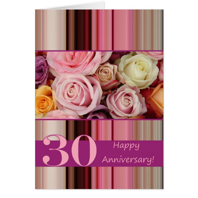 30th Wedding Anniversary Card -Pastel roses stripe (Front)