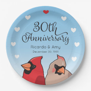30th Wedding Anniversary, Cardinal Bird Pair Paper Plate