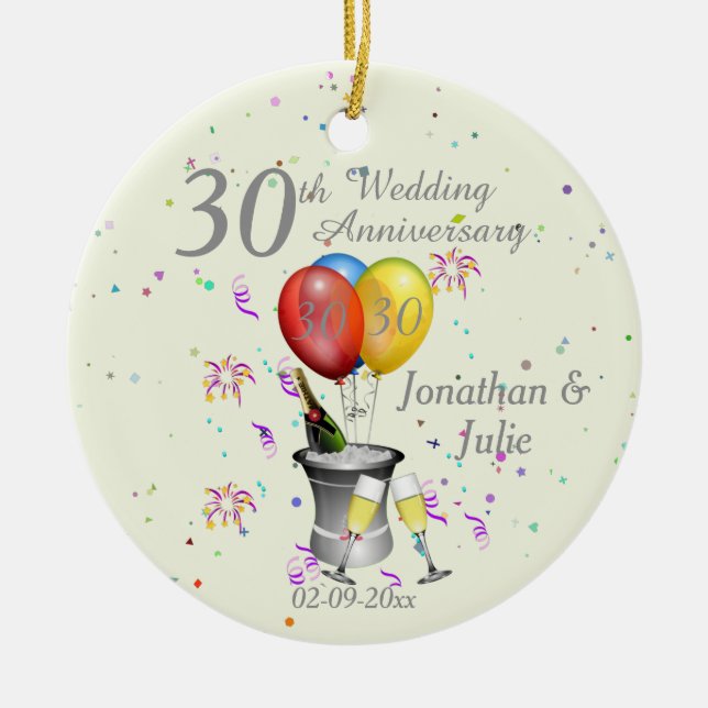  30th Wedding Anniversary Celebration Bubbly Pearl Ceramic Tree Decoration (Front)