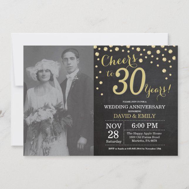 30th Wedding Anniversary Chalkboard Black and Gold Invitation (Front)