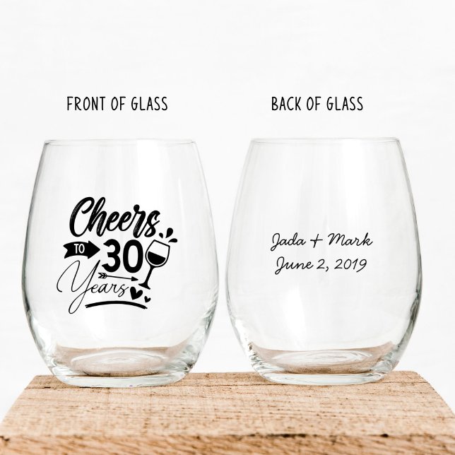30th Wedding Anniversary Elegant Celebration Stemless Wine Glass (stemless wine glass for 30th wedding anniversary that says cheers to 30 years customized with names)