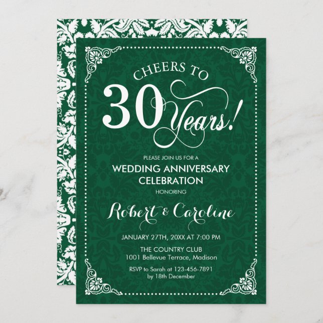 30th Wedding Anniversary Emerald Green Damask Invitation (Front/Back)