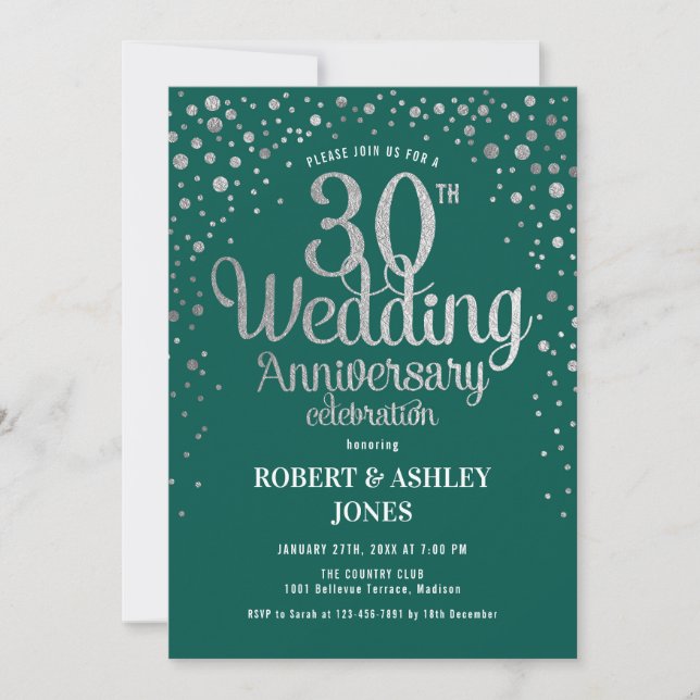30th Wedding Anniversary - Emerald Green & Silver Invitation (Front)