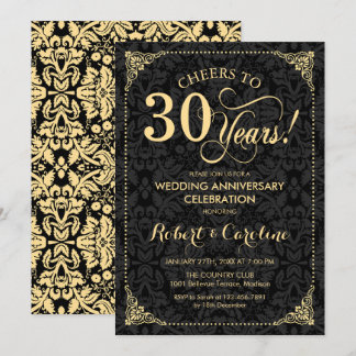 30th Wedding Anniversary - Gold Black Damask Invitation