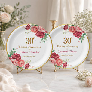 30th Wedding Anniversary Gold Frame Floral Paper Plate