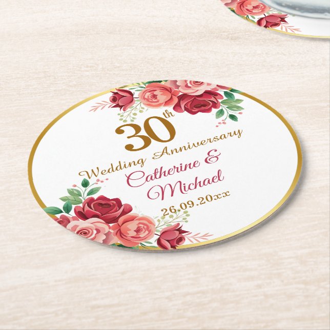 30th Wedding Anniversary Gold Frame Floral Round Paper Coaster (Angled)