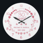 30th Wedding Anniversary Hearts Large Clock<br><div class="desc">Celebrate a milestone wedding anniversary with this gorgeous and elegant wall clock with a design featuring a wreath with red and pink hearts.</div>