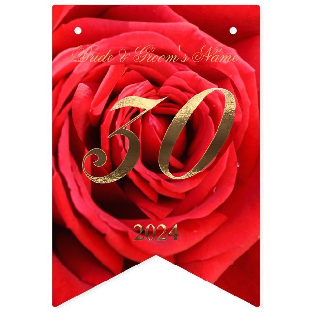 30th Wedding Anniversary in 2024 Floral Red Roses  Bunting (First Flag)