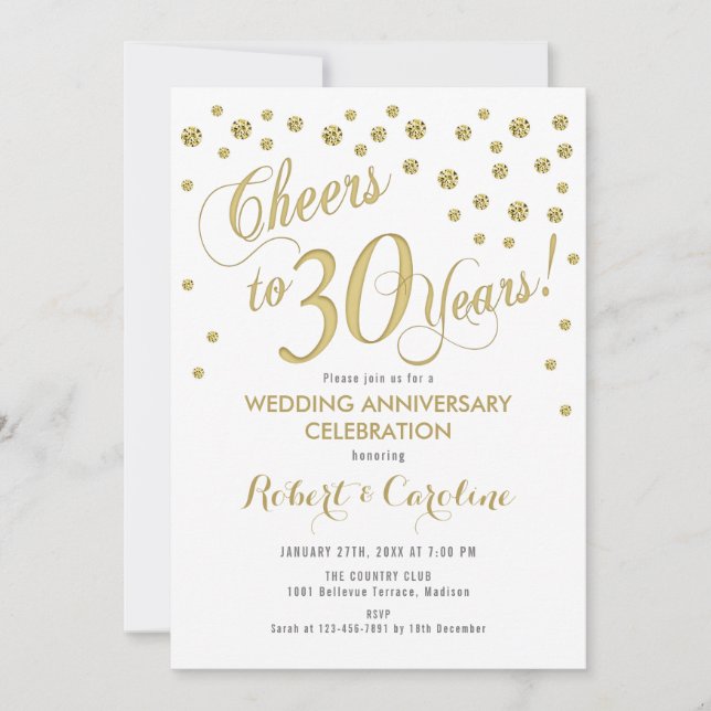 30th Wedding Anniversary Invitation - Gold & White (Front)