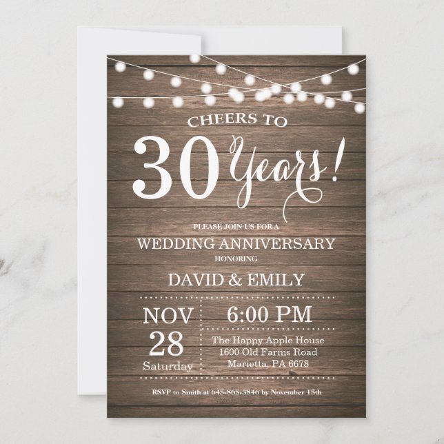 30th Wedding Anniversary Invitation Rustic Wood (Front)