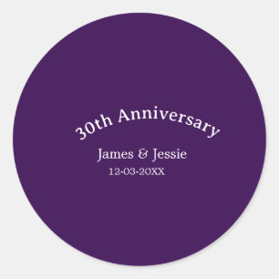 30th wedding anniversary name date purple simple classic round sticker