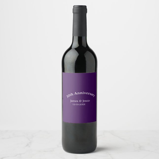 30th wedding anniversary name date purple simple  wine label (Front)