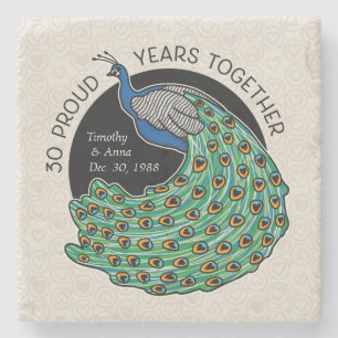 30th Wedding Anniversary, Peacock and Hearts Stone Coaster