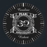 30th wedding anniversary pearl crest large clock<br><div class="desc">A romantic design to celebrate your 30th year of marriage. If you would like any help customising this design please contact me, their is an ask this designer button, just below this text. This thirtieth, 30 years wedding anniversary crest has the text pearl as that is the traditional gift for...</div>
