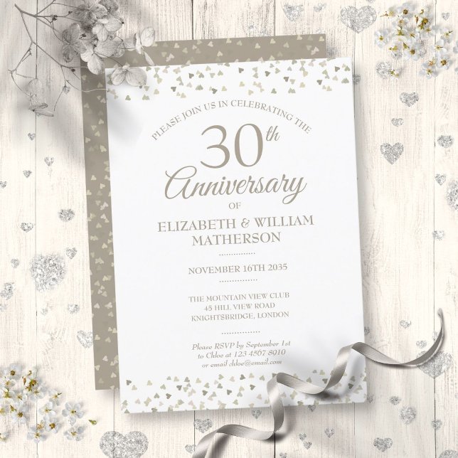 30th Wedding Anniversary Pearl Hearts Confetti  Invitation (30th Wedding Anniversary Pearl Hearts Confetti Invitation)