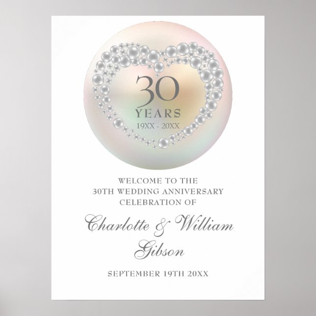30th Wedding Anniversary Pearl Welcome Sign (Front)