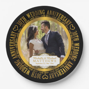 30th Wedding Anniversary Photo Black   Gold Tone Paper Plate