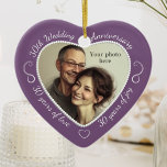 30th Wedding Anniversary Photo Ceramic Tree Decoration<br><div class="desc">30 years of marriage are associated with pearls. Celebrate with a special custom photo ornament in a delightful heart shape frame bordered by a pearl motif. Simply upload your own photo of the married couple and it will appear in the cutout. The soft purple surround features a script font and...</div>