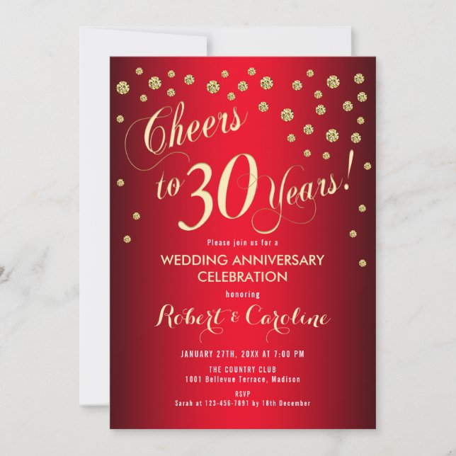 30th Wedding Anniversary - Red & Gold Invitation (Front)