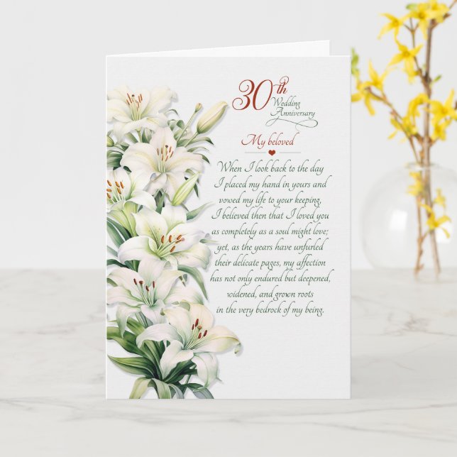30th Wedding Anniversary Romantic White Lilies Card (Yellow Flower)
