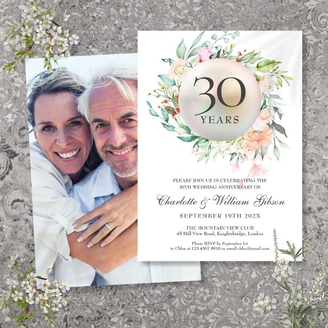 30th Wedding Anniversary Roses Floral Pearl Photo Invitation (30th Wedding Anniversary Roses Floral Pearl Photo Invitation)