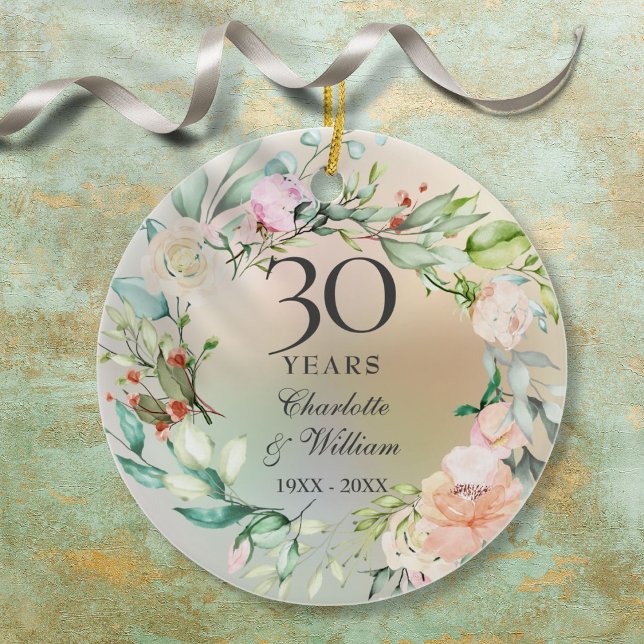 30th Wedding Anniversary Roses Garland Pearl Ceramic Tree Decoration (30th Wedding Anniversary Roses Garland Pearl Ceramic Ornament)