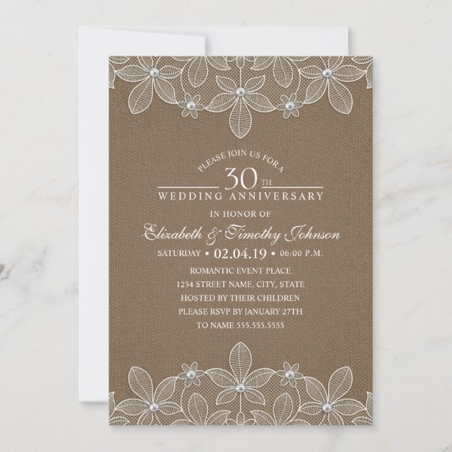 30th Wedding Anniversary Rustic Dark Burlap Lace Invitation (Front)