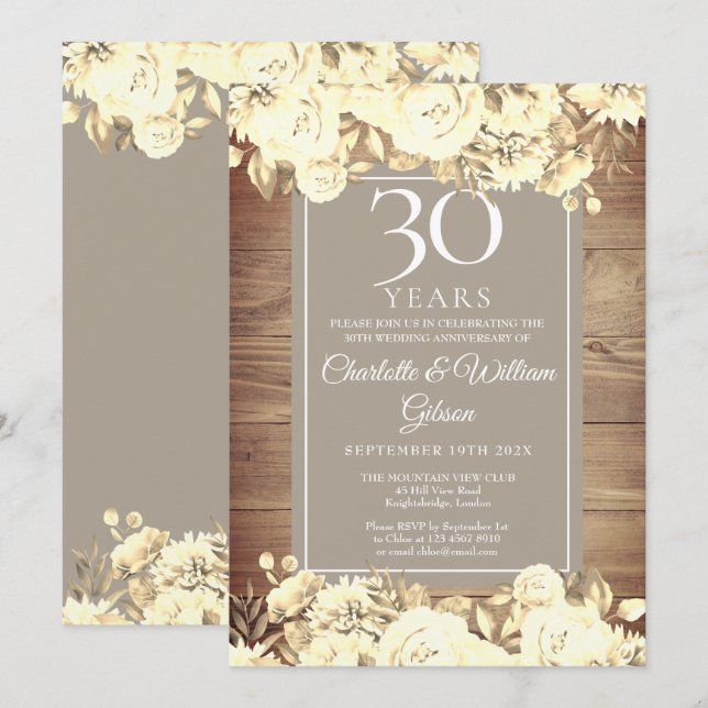 30th Wedding Anniversary  Rustic Roses Invitation (Front/Back)