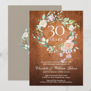 30th Wedding Anniversary Rustic Vintage Wood Roses Invitation
