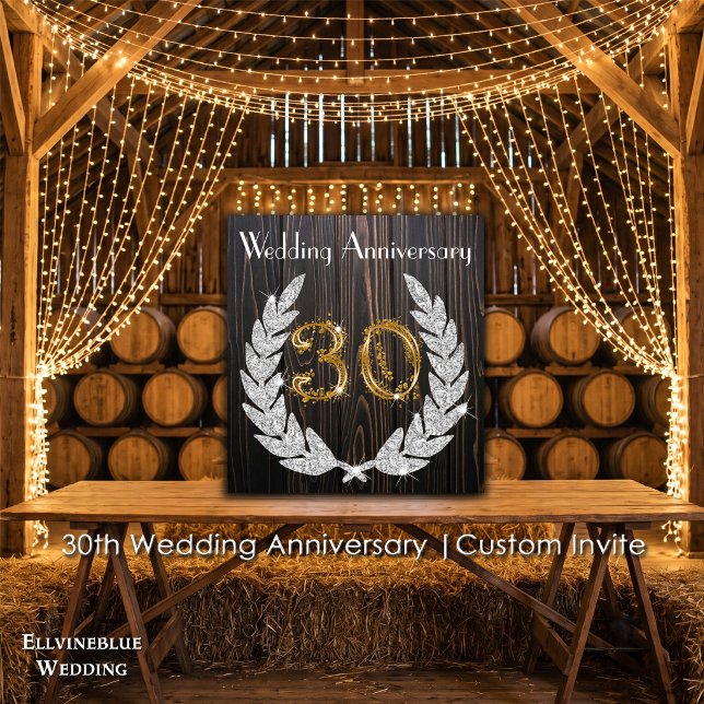 30th Wedding Anniversary | Rustic Wood & Gold Invitation (30th Wedding Anniversary Invite | Rustic Wood & Diamond Laurel. Size: 5.25” x 5.25”)