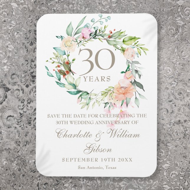 30th Wedding Anniversary Save the Date Floral Magnet (30th Wedding Anniversary Floral Save the Date Magnet)