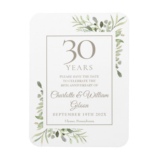 30th Wedding Anniversary Save the Date Greenery  Magnet (Vertical)