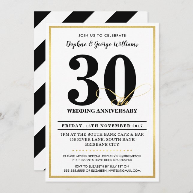 30TH WEDDING ANNIVERSARY stylish gold INVITES (Front/Back)