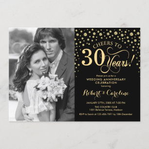 30th Wedding Anniversary with Photo - Gold Black Invitation